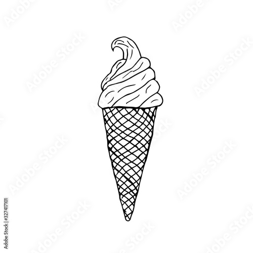 Hand drawn vector illustration. Simple silhouette of ice cream in a waffle cone. Doodle image style, shape, sketch. Black lines on a white background. Cute drawing for decor, cafe menu.