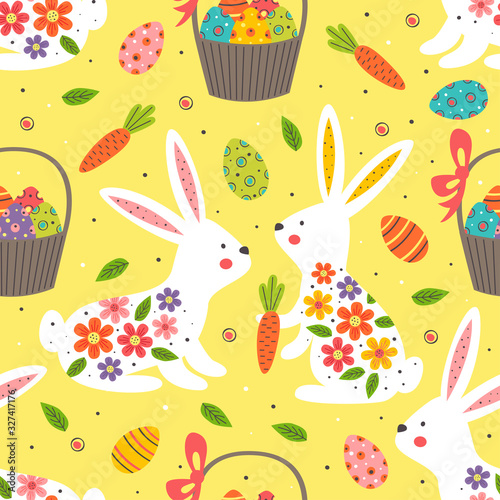 seamless pattern with white easter bunny on yellow background - vector illustration, eps    