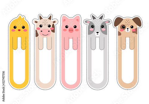 Cartoon kawaii bookmarks with animals vector illustration