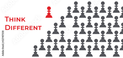 Silhouettes of grey pawns and one red queen apart vector illustration.