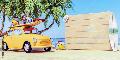 Small retro car with baggage and beach equipment , empty white wooden board on the right side, ready for summer vacation, 3d render, 3d illustration