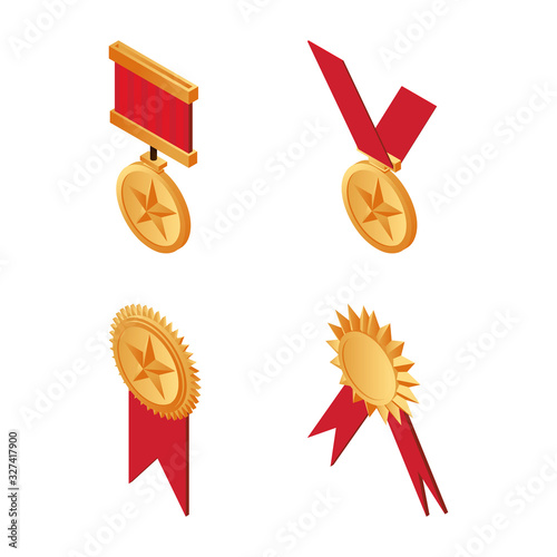 Gold trophy medals with red ribbons isometric illustration isolated on a white background.