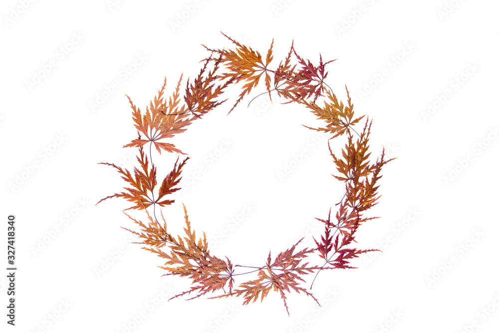 Naklejka premium wreath of autumn dry leaves on a white background top view