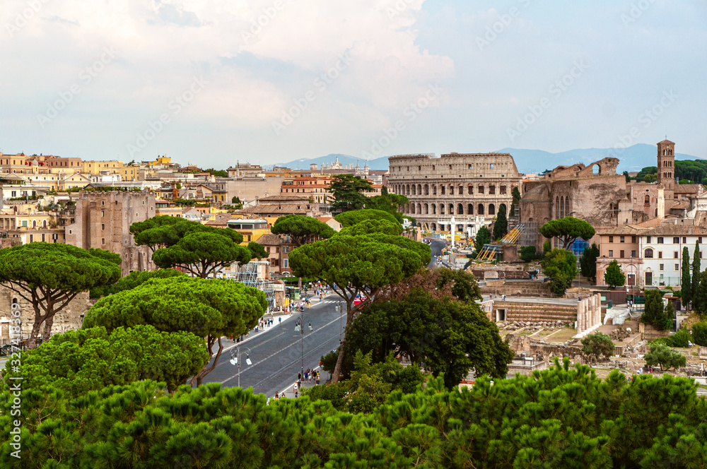 Rome, Italy. The Colosseum View from roof of Altare della Patria. Rooftop view.