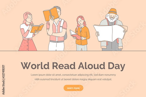 World read aloud day vector banner template. People reading books, newspapers, and magazines.