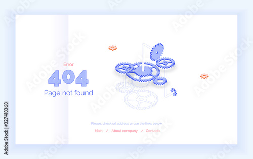 Error 404. Web page template, page not found. Gear mechanism. Vector illustration, isometric style, line art.