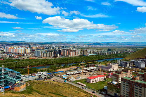 Spectacular panoramic view of Ulaanbaatar, capital of Mongolia, from the Zaisan Memorial that honors the Soviet and Mongolian friendship.