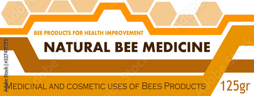 Label design concept for packaging medicines from beekeeping products. Box, jar or container with a bee medicine. Honey, propolis, bee venom, royal jelly, bee bread, pollen. Sticker. Vector