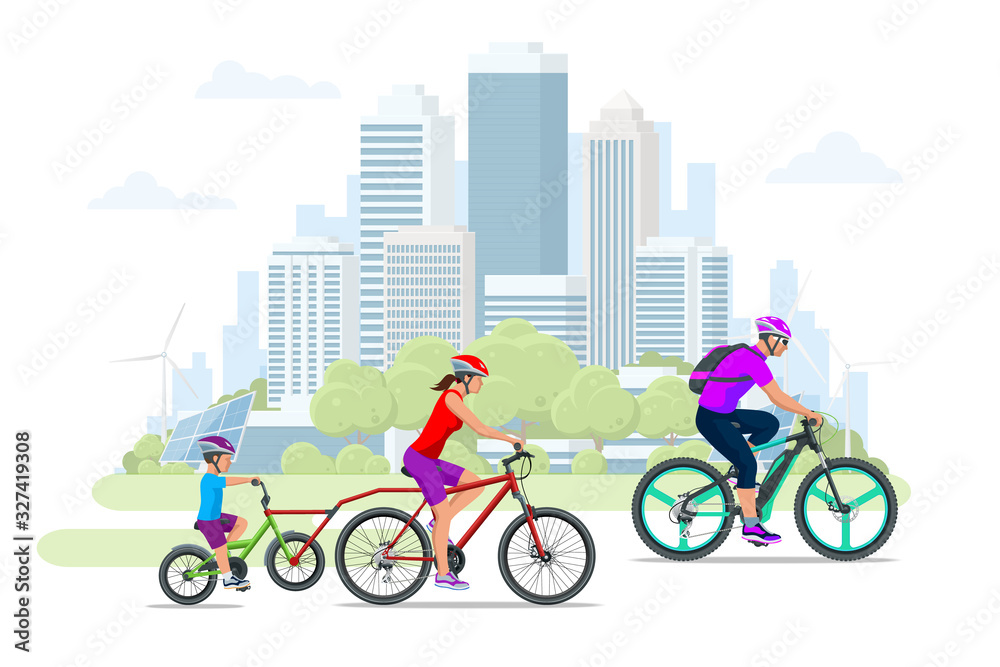 Family outdoor activity. Happy family concept. Healthy Lifestyle Outdoor. Bicycle isometric people.