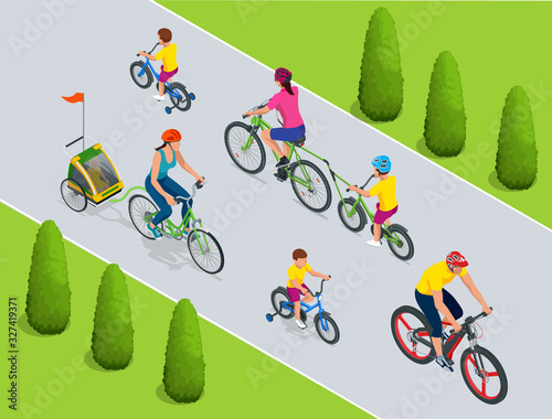 Family outdoor activity. Happy family concept. Healthy Lifestyle Outdoor. Bicycle isometric people.