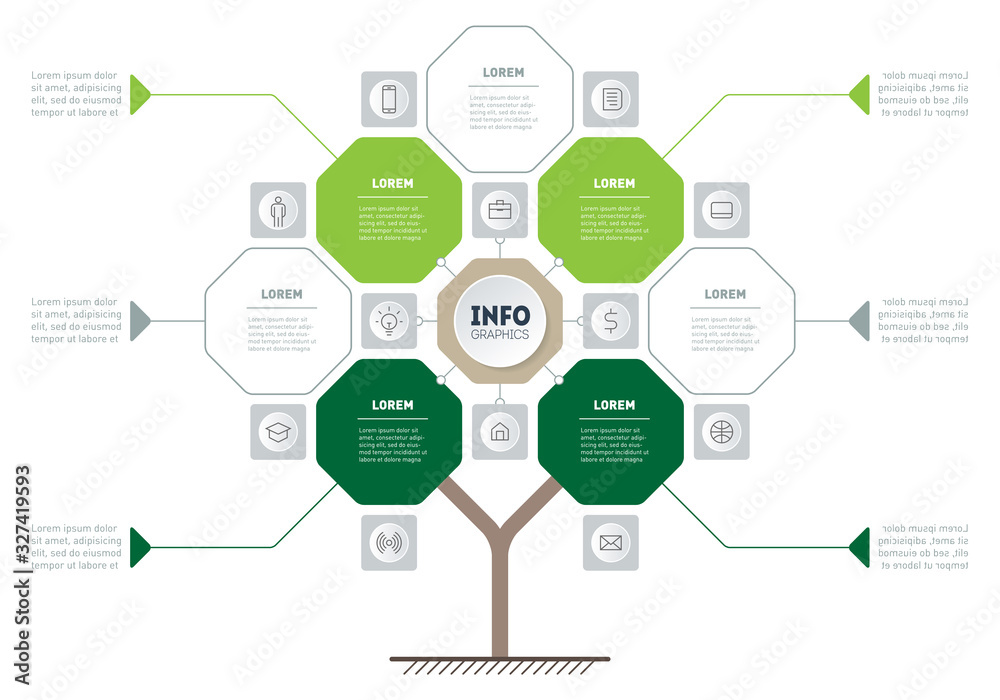 Vector infographic of technology or education process with 4 or 7 points. Template of tree. Eco Business presentation concept with four or seven options. Info graphics made of octagons. Vector infographic of technology or education process with 4 or 7 points. Template of tree. Eco Business presentation concept with four or seven options. Info graphics made of octagons.