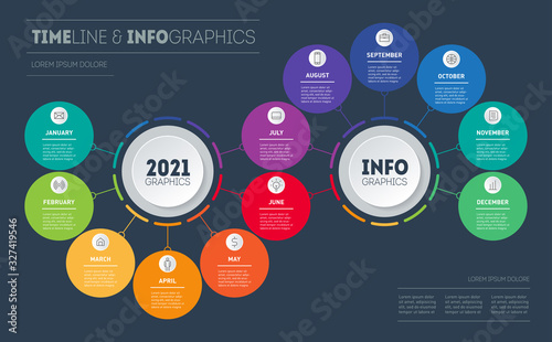 Transformation plan for the year. Timeline, Business Infographic concept with 12 months, steps or processes. Calendar template. Time line with Twelve icons. Vector.