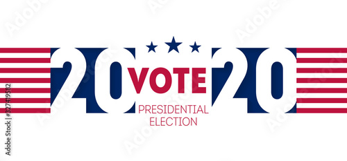 Banner for the United States presidential election in 2020. Election poster inviting to vote. Horizontal flyer with elements of the USA flag.