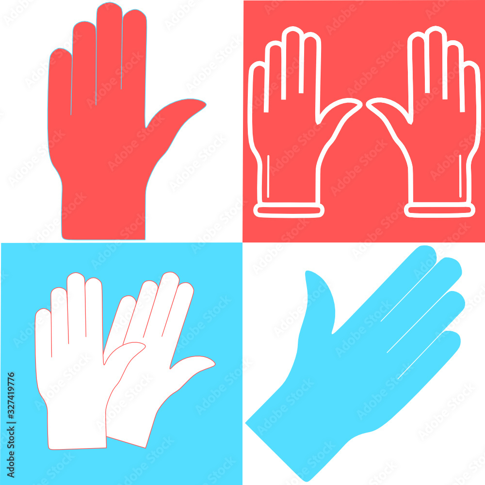 Obraz premium Set of Medical gloves vector icon. Protective rubber gloves icon for infographic, website or app. Latex hand protection sign. Housework cleaning equipment symbol. 