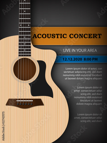 Acoustic music festival concert flyer poster design template, acoustic guitar on dark background, vector illustration