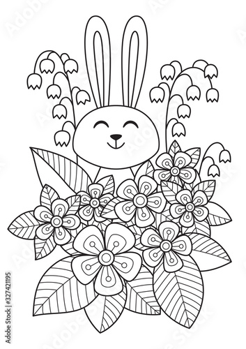 Cute easter bunny in flowers doodle coloring book page. Hand Drawn black and white sketch. Antistress coloring book page for adults.