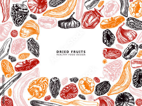 Dried fruits and berries frame design. Vintage dehydrated fruits in color template. Healthy food dessert - dried mango, melon, fig, apricot, banana, persimmon, dates, prune, raisin. Oriental sweets.