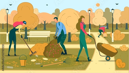 Volunteers Cleaning Park Flat Vector Illustration