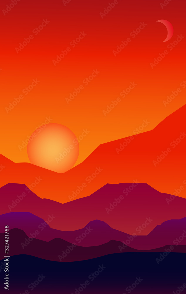 Nature vector background, landscape with mountains and sun. Panorama of mountains, wilderness, sands, valley on sunset or sunrise Nature vector background, landscape with mountains and sun. Panorama of mountains, wilderness, sands, valley on sunset or sunrise