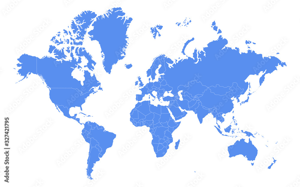 High detail blue world map with country borders. Outline vector illustration.