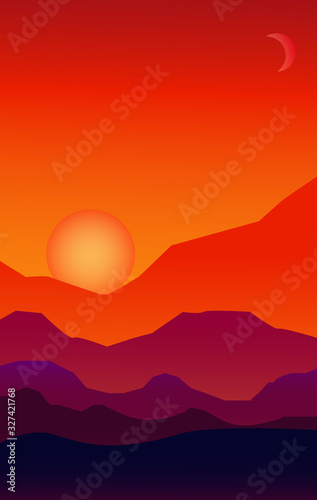 Nature vector background, landscape with mountains and sun. Panorama of mountains, wilderness, sands, valley on sunset or sunrise
