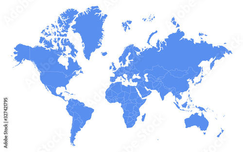 High detail blue world map with country borders. Outline vector illustration.