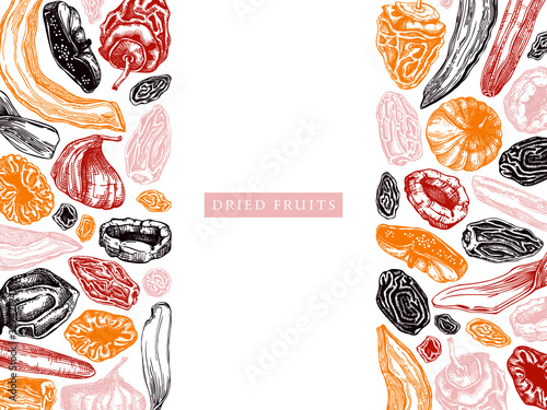 Dried fruits and berries frame design. Vintage dehydrated fruits in color template. Healthy food dessert - dried mango, melon, fig, apricot, banana, persimmon, dates, prune, raisin. Oriental sweets.