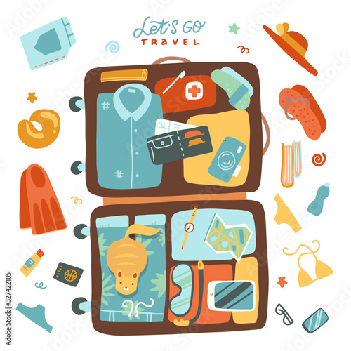 Packing beach stuff for travel to the sea or ocean. Big open suitcase with clothes, swimsuit, flip-flops, hat, glasses, camera and passport. Top view banner. Summer vacation vector flat illustration.