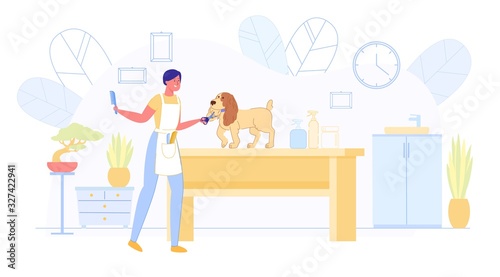 Grooming Salon Service, Flat Woman Shearing Dog.