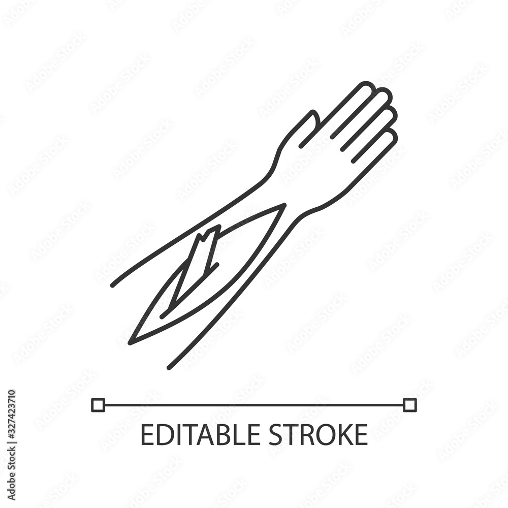 Open bone fracture pixel perfect linear icon. Bone sticking out of human arm. Badly injured hand. Thin line customizable illustration. Contour symbol. Vector isolated outline drawing. Editable stroke Open bone fracture pixel perfect linear icon. Bone sticking out of human arm. Badly injured hand. Thin line customizable illustration. Contour symbol. Vector isolated outline drawing. Editable stroke