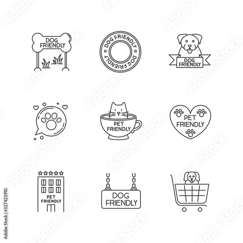 Pet friendly emblems pixel perfect linear icons set. Kitty and doggy permitted, welcome public places. Customizable thin line contour symbols. Isolated vector outline illustrations. Editable stroke