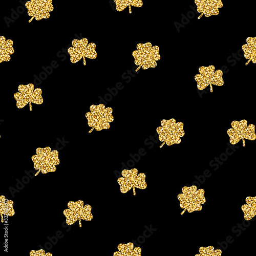 Glitter seamless plants pattern. Golden clover with 3 and 4 leaves on black background. Symbol of good luck, success, money, St. Patrick's Day. Vector illustration for a traditional Irish holiday