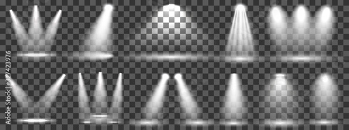 Set illuminated spotlight on transparent background. Transparent realistic effect. Bright light beam. Stage lighting – stock vector
