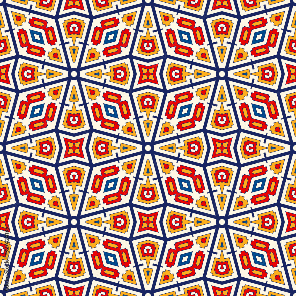 Seamless pattern with symmetric geometric ornament. Bright abstract background.