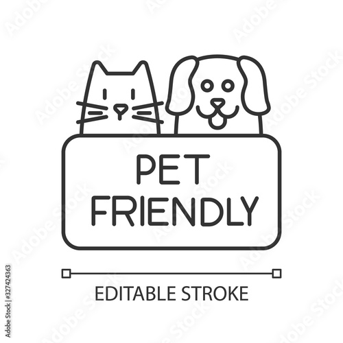 Cat and dog friendly area pixel perfect linear icon. Puppy and kitten permitted, pets welcome. Thin line customizable illustration. Contour symbol. Vector isolated outline drawing. Editable stroke