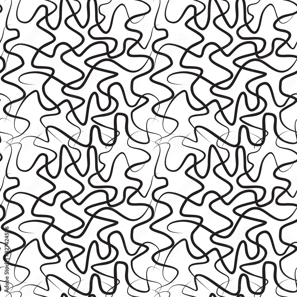 Winding threads seamless pattern. Black twirled and crossing lines on white background. Tangled ropes of different thickness wrapping texture. Vector eps8 illustration.
