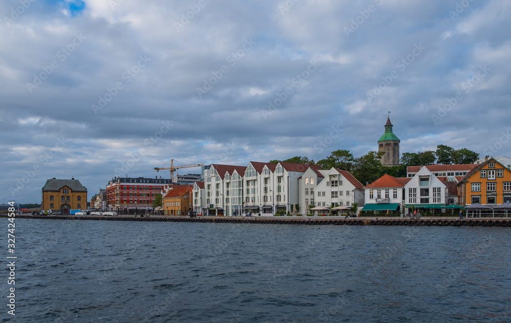 Stavanger white houses panorama at sunset. Norway., July 2019