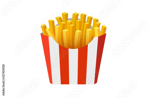 French fries potato tasty fast street food in red paper striped carton package box. Vector flat eps illustration isolated on white background