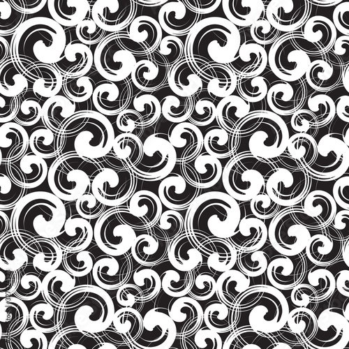 Spiral symbols seamless pattern. Different sizes white swirls randomly placed over black. Wrapping texture with abstract curls. Vector eps8 illustration.