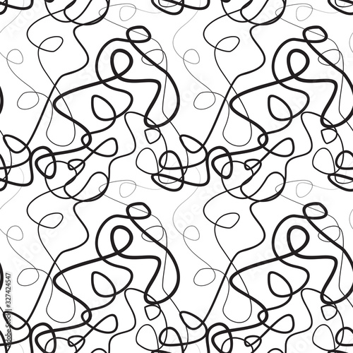 Winding lines seamless pattern. Black twirled and crossing threads on white background. Tangled curves of different thickness wrapping texture. Vector eps8 illustration.