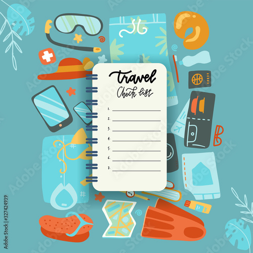Packing list, travel planning concept. Preparing for vacation, travel, journey, trip. Noteboot sheet with Baggage, air tickets, passport, wallet, camera, palm leaves. Top view Vector flat illustration