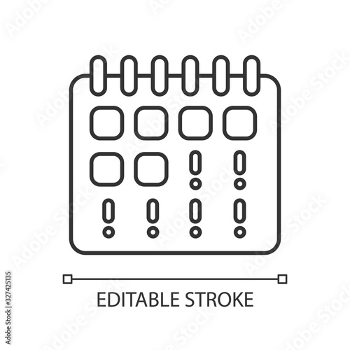 Missed period pixel perfect linear icon. Early symptom of pregnancy. Menstruation calendar. Thin line customizable illustration. Contour symbol. Vector isolated outline drawing. Editable stroke