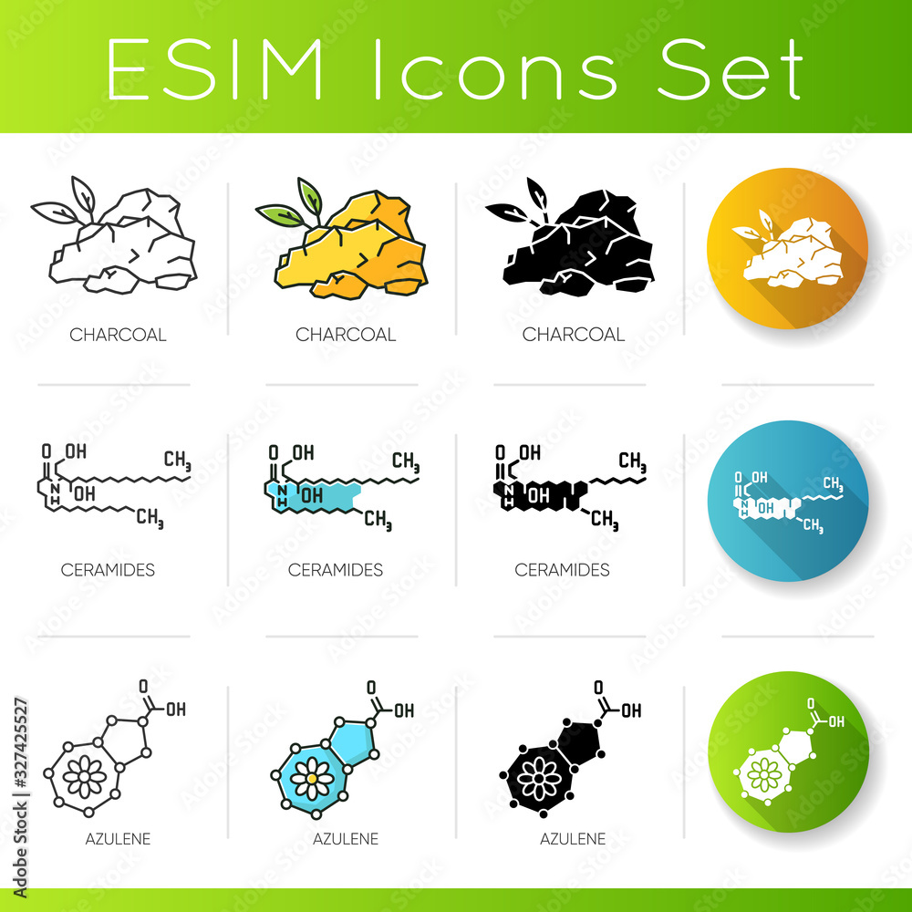 Cosmetic ingredient icons set. Charcoal organic component. Ceramide formula. Azulene compound. Chemical molecular sequences. Linear, black and RGB color styles. Isolated vector illustrations