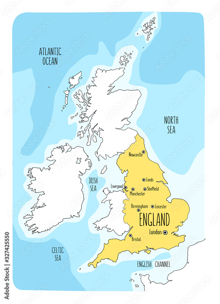 Hand drawn map of England and the British Isles. Colorful hand drawn ...