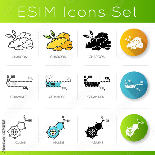 Cosmetic ingredient icons set. Charcoal organic component. Ceramide formula. Azulene compound. Chemical molecular sequences. Linear, black and RGB color styles. Isolated vector illustrations photo