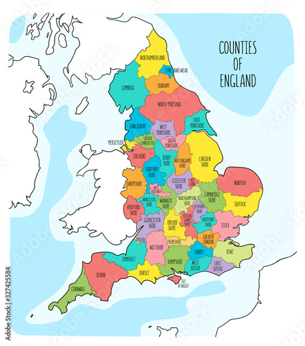 Hand drawn map of England with counties. Colorful hand drawn vector illustration