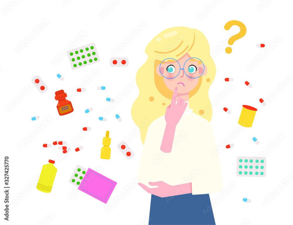 Girl doesn't know what medicines to choose better, what will help. Big choice of medical drugs and vitamin. Girl doesn't know what medicines to choose better, what will help. Big choice of medical drugs and vitamin.