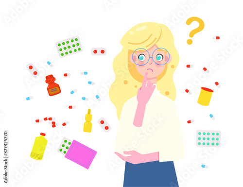 Girl doesn't know what medicines to choose better, what will help. Big choice of medical drugs and vitamin.