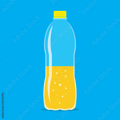 Plastic bottle half filled of fresh sparkling orange juice. Flat icon isolated on sky blue background. Yellow liquid in transparent container. Stylized vector eps10 illustration with transparency.
