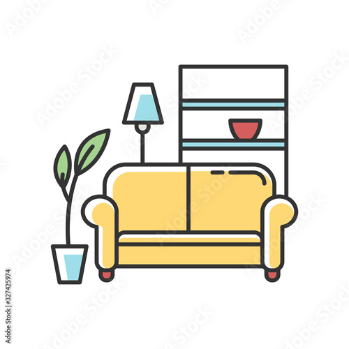 Apartment interior RGB color icon. Living room furniture. Cosy home. Couch, sofa. Place for rest and relaxation. Common dormitory space. Isolated vector illustration